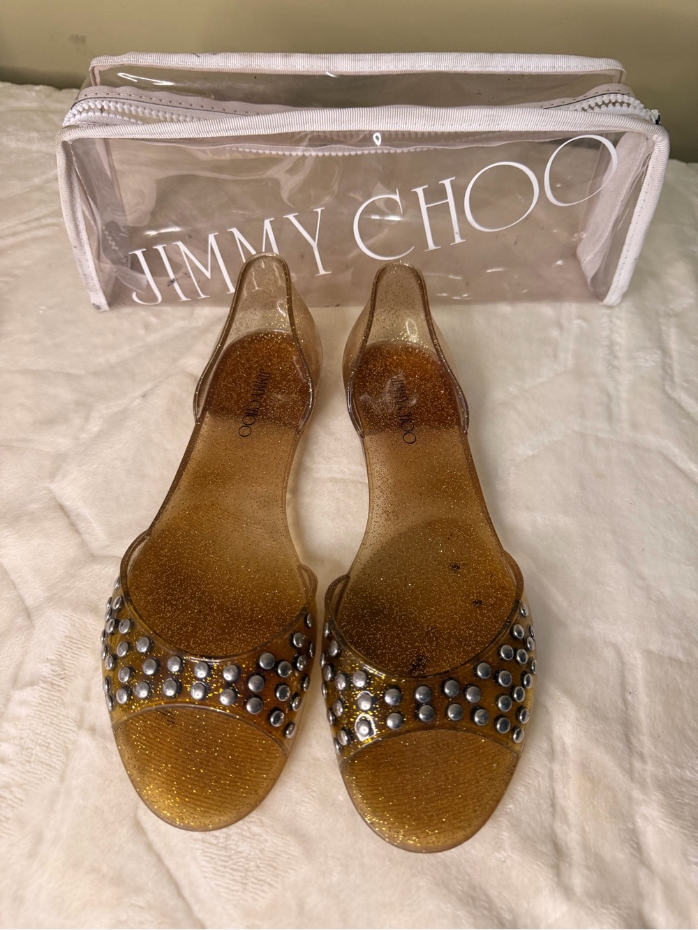 Jimmy Choo Metallic Gold Jelly Flats with Silver Studs
